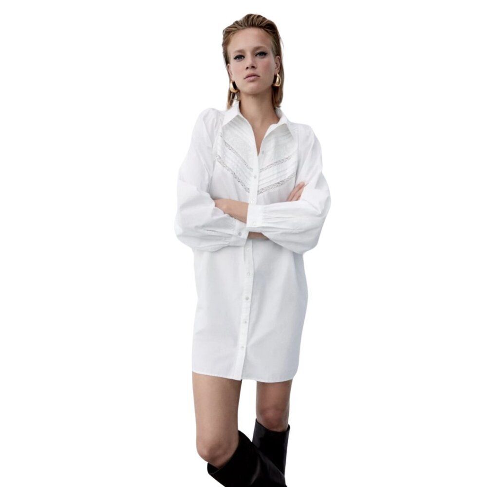 Zara Women's White Cotton Poplin Embroidered Shirt Dress - Medium